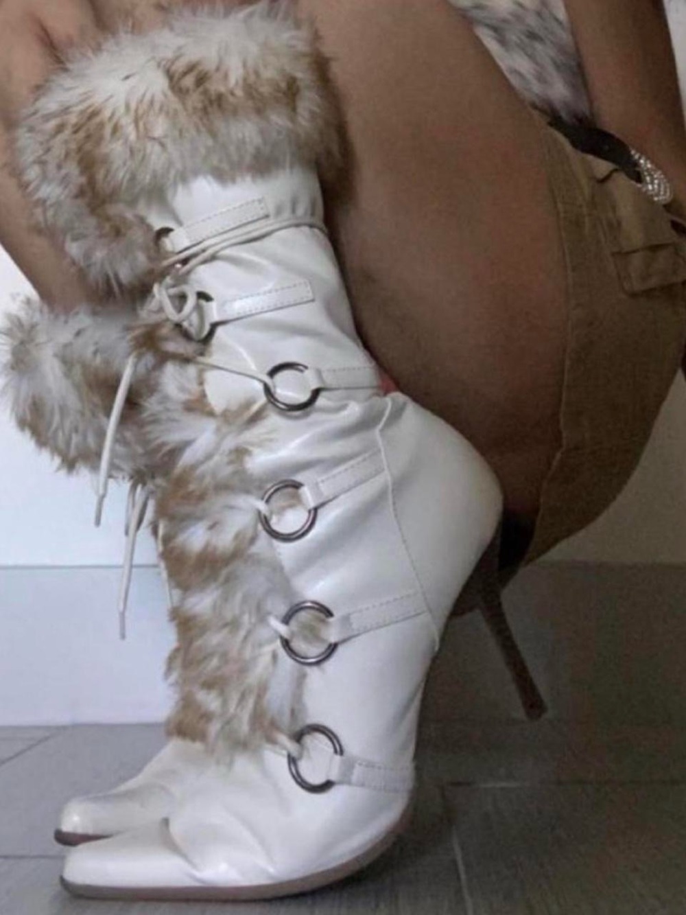 Pinterest Famous White Faux-Fur Delicious Stiletto Lace-Up Boots